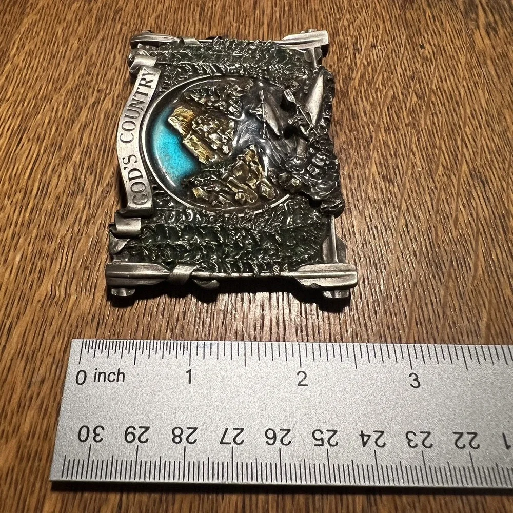VTG God's Country Buckle*Missing Pin*1983 Bergamot Works USA 3D Mts Kayaks